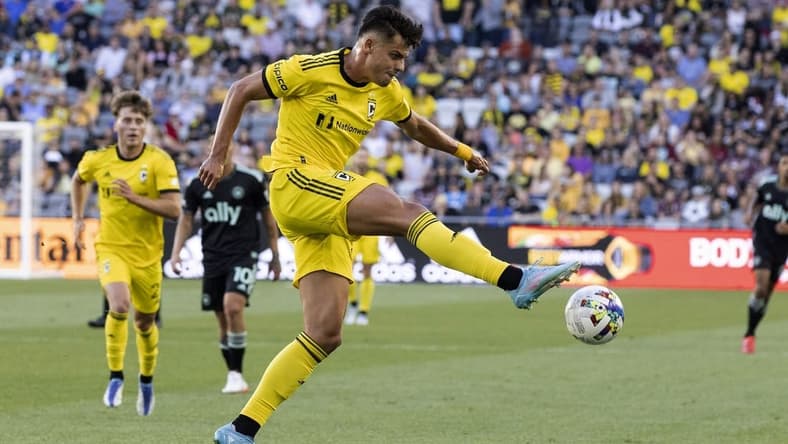 Jun 18, 2022; Columbus, Ohio, USA; Columbus Crew forward Miguel Berry (27) plays the ball out of the air against Charlotte FC in the first half at Lower.com Field. Mandatory Credit: Greg Bartram-USA TODAY Sports