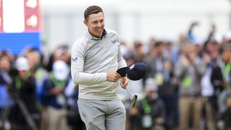 Jun 19, 2022; Brookline, Massachusetts, USA; Matthew Fitzpatrick reacts as he wins the U.S. Open golf tournament at The Country Club. Mandatory Credit: Aaron Doster-USA TODAY Sports