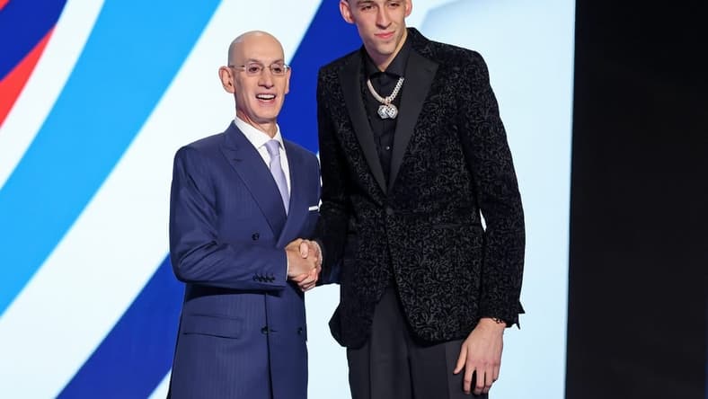 Jun 23, 2022; Brooklyn, NY, USA; Chet Holmgren (Gonzaga) shakes hands with NBA commissioner Adam Silver after being selected as the number two overall pick by the Oklahoma City Thunder in the first round of the 2022 NBA Draft at Barclays Center. Mandatory Credit: Brad Penner-USA TODAY Sports
