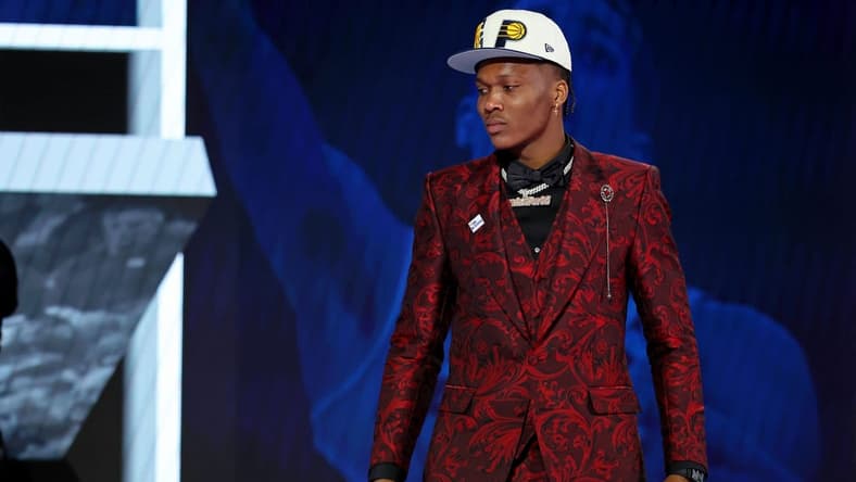 Jun 23, 2022; Brooklyn, NY, USA; Bennedict Mathurin (Arizona) reacts after being selected as the number six overall pick by the Indiana Pacers in the first round of the 2022 NBA Draft at Barclays Center. Mandatory Credit: Brad Penner-USA TODAY Sports
