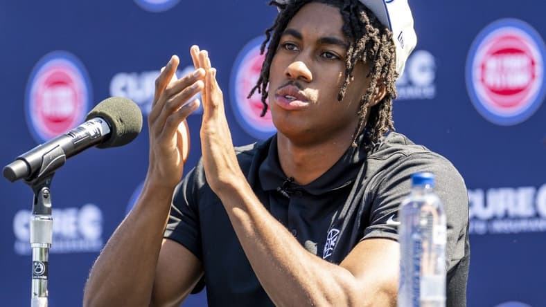 Jun 24, 2022; Detroit, Michigan, USA; Jaden Ivey claps his hands during the Detroit Pistons 2022 NBA Draft Introductory Press Conference. Mandatory Credit: Raj Mehta-USA TODAY Sports