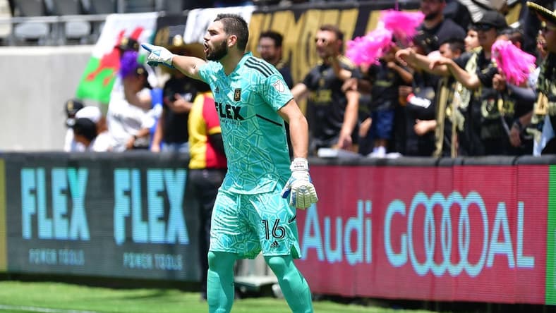Jun 26, 2022; Los Angeles, California, USA; Los Angeles FC goalkeeper Maxime Crepeau (16) defends the goal against New York Red Bulls during the first half at Banc of California Stadium. Mandatory Credit: Gary A. Vasquez-USA TODAY Sports