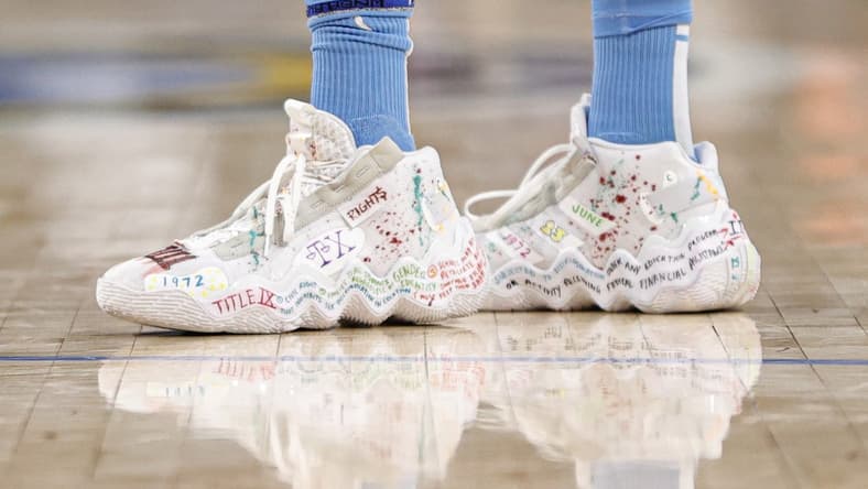 Jun 26, 2022; Chicago, Illinois, USA; Chicago Sky forward Candace Parker (3) shoes are seen during the first half of a WNBA game at Wintrust Arena. Mandatory Credit: Kamil Krzaczynski-USA TODAY Sports