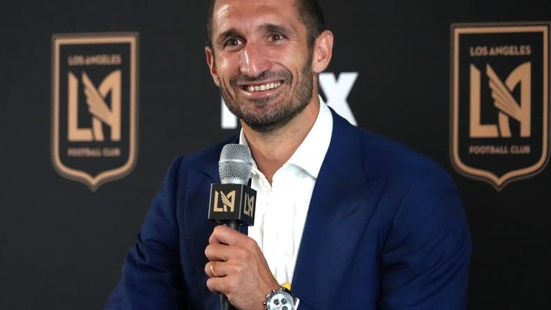Jun 29, 2022; Los Angeles, California, USA; LAFC defender Giorgio Chiellini is introduced at a press conference at Banc of California Stadium. Mandatory Credit: Kirby Lee-USA TODAY Sports