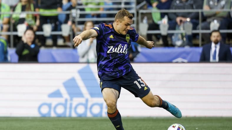 Jun 29, 2022; Seattle, Washington, USA; Seattle Sounders FC forward Jordan Morris (13) passes against CF Montreal during the second half at Lumen Field. Mandatory Credit: Joe Nicholson-USA TODAY Sports
