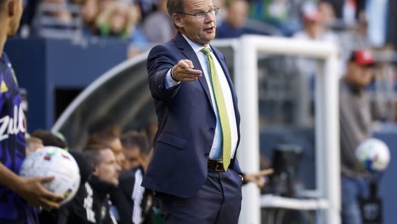 Jun 29, 2022; Seattle, Washington, USA; Seattle Sounders FC head coach Brian Schmetzer reacts to a referees call for CF Montreal during the second half at Lumen Field. Mandatory Credit: Joe Nicholson-USA TODAY Sports