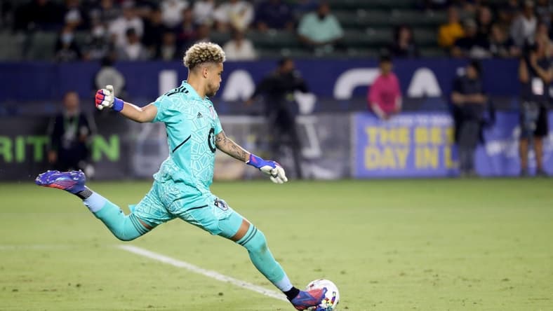 Jun 29, 2022; Carson, California, USA;  Minnesota United FC goalkeeper Dayne St. Clair (97) kicks the ball during the second half against the Los Angeles Galaxy at Dignity Health Sports Park. Mandatory Credit: Kiyoshi Mio-USA TODAY Sports