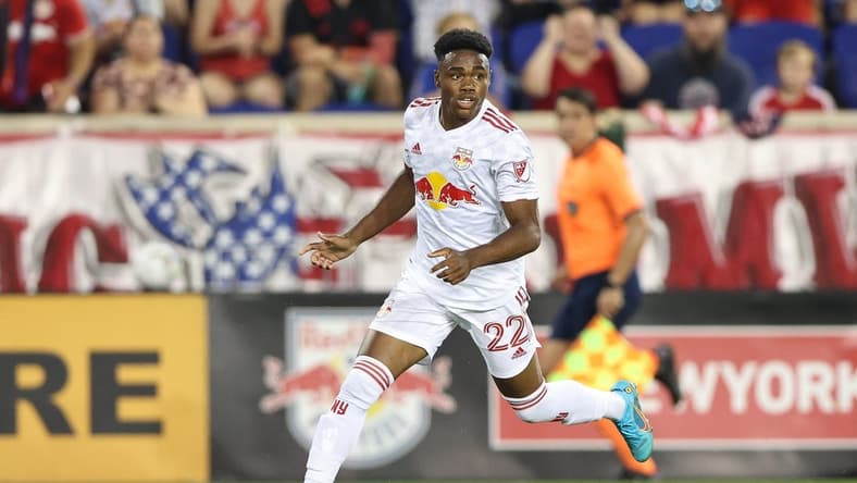Jun 30, 2022; Harrison, New Jersey, USA; New York Red Bulls forward Serge Ngoma (22) controls the ball against the Atlanta United during the second half at Red Bull Arena. Mandatory Credit: Vincent Carchietta-USA TODAY Sports
