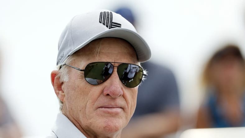Jul 2, 2022; Portland, Oregon, USA; Greg Norman, CEO and commissioner of LIV Golf looks on from the first tee box during the final round of the LIV Golf tournament at Pumpkin Ridge Golf Club. Mandatory Credit: Soobum Im-USA TODAY Sports
