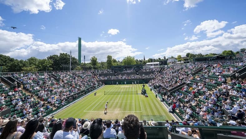 Jul 3, 2022; London, United Kingdom; General view of Court 2 during the Marie Bouzkova (CZE) and Caroline Garcia (FRA) match on day seven at All England Lawn Tennis and Croquet Club. Mandatory Credit: Susan Mullane-USA TODAY Sports