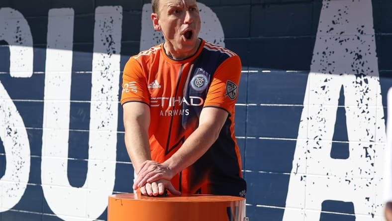 Jul 3, 2022; New York, New York, USA; American competitive eater Joey Chestnut ignited the smoke stacksbefore the game between New York City FC and Atlanta United at Yankee Stadium. Mandatory Credit: Vincent Carchietta-USA TODAY Sports