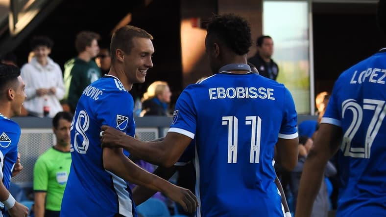 Jul 3, 2022; San Jose, California, USA; San Jose Earthquakes forward Benji Kikanovic (28) celebrates with forward Jeremy Ebobisse (11) after scoring a goal against the Chicago Fire during the second half at PayPal Park. Mandatory Credit: Kelley L Cox-USA TODAY Sports