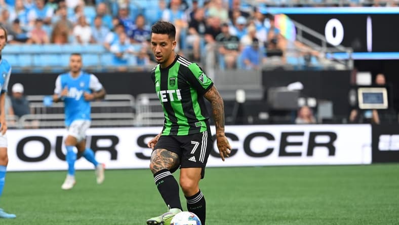 Jun 30, 2022; Charlotte, North Carolina, USA; Austin FC forward Sebastian Driussi (7) passes the ball in the first half at Bank of America Stadium. Mandatory Credit: Bob Donnan-USA TODAY Sports
