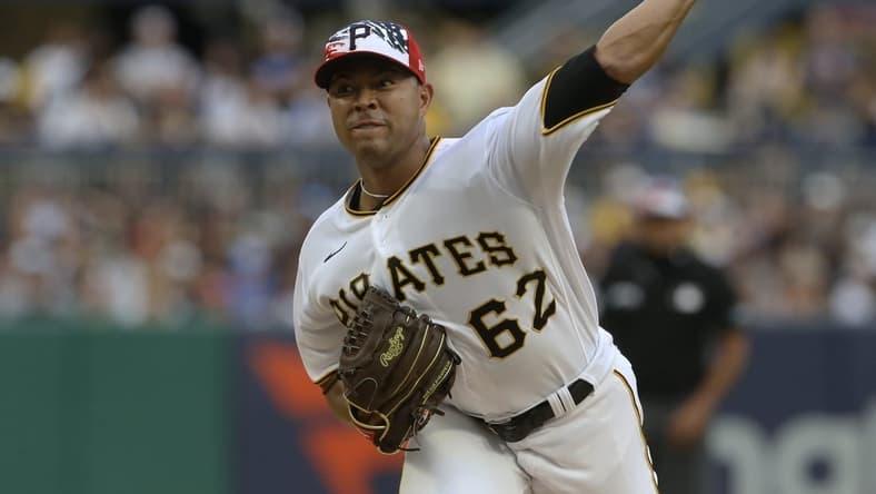 Jul 5, 2022; Pittsburgh, Pennsylvania, USA;  Pittsburgh Pirates starting pitcher Jose Quintana (62) delivers a pitch against the New York Yankees during the first inning at PNC Park. Mandatory Credit: Charles LeClaire-USA TODAY Sports