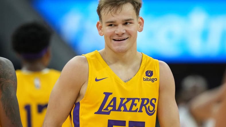 Jul 2, 2022; San Francisco, CA, USA; Los Angeles Lakers guard Mac McClung (55) during the third quarter against the Miami Heat at the California Summer League at Chase Center. Mandatory Credit: Darren Yamashita-USA TODAY Sports