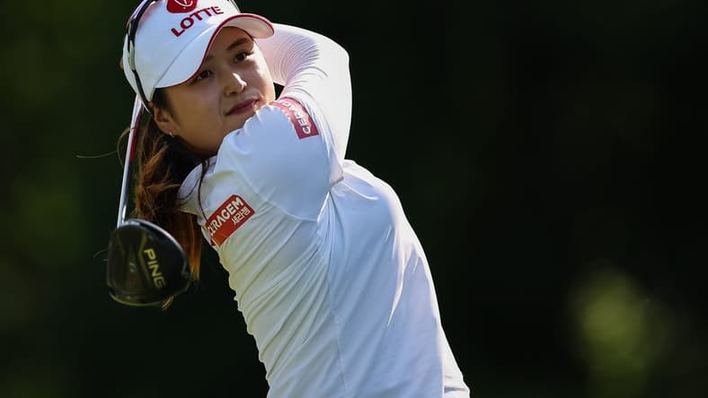 Jun 24, 2022; Bethesda, Maryland, USA; Hye-Jin Choi plays her shot from the 14th tee during the second round of the KPMG Women's PGA Championship golf tournament at Congressional Country Club. Mandatory Credit: Scott Taetsch-USA TODAY Sports