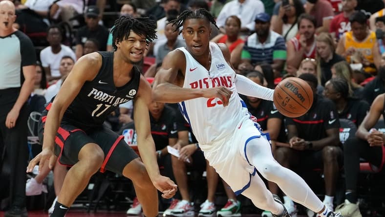 Jul 7, 2022; Las Vegas, NV, USA; Detroit Pistons guard Jaden Ivey (23) dribbles against Portland Trail Blazers guard Shaedon Sharpe (17) during an NBA Summer League game at T&M. Mandatory Credit: Stephen R. Sylvanie-USA TODAY Sports