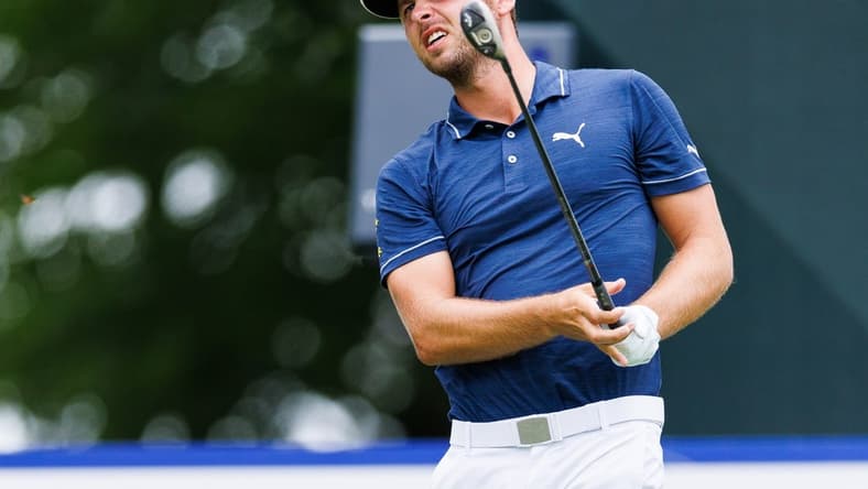 Jul 8, 2022; Nicholasville, Kentucky, USA; Adam Svensson plays his shot from the 12th tee during the second round of the Barbasol Championship golf tournament. Mandatory Credit: Jordan Prather-USA TODAY Sports