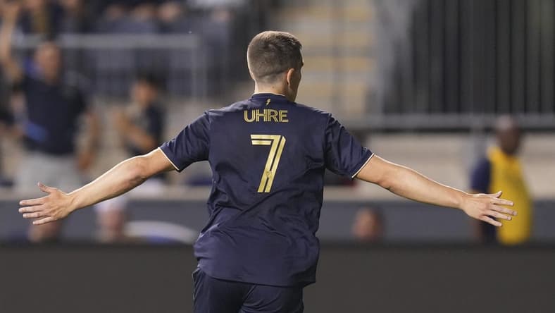 Jul 8, 2022; Chester, Pennsylvania, USA; Philadelphia Union forward Mikael Uhre (7) reacts after scoring a goal against D.C. United in the second half at Subaru Park. Mandatory Credit: Mitchell Leff-USA TODAY Sports