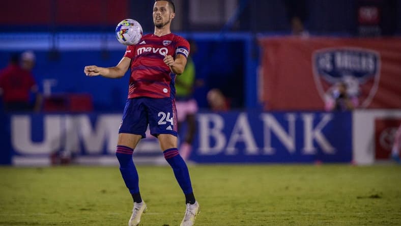 Jul 4, 2022; Frisco, Texas, USA; FC Dallas defender Matt Hedges (24) in action during the game between FC Dallas and Inter Miami at Toyota Stadium. Mandatory Credit: Jerome Miron-USA TODAY Sports