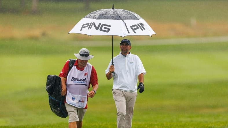 Jul 9, 2022; Nicholasville, Kentucky, USA; Josh Teater walks up the fourth hole during the third round of the Barbasol Championship golf tournament. Mandatory Credit: Jordan Prather-USA TODAY Sports