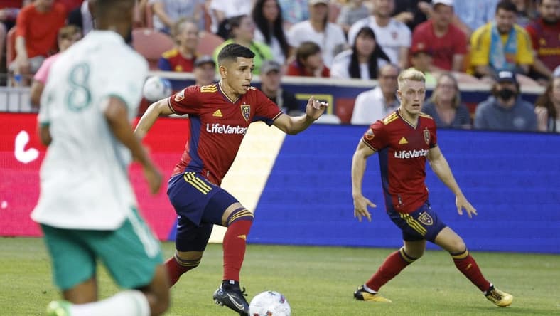 Jul 9, 2022; Sandy, Utah, USA; Real Salt Lake forward Jefferson Savarino (11) sets up for his goal in the first half against the Colorado Rapids at Rio Tinto Stadium. Mandatory Credit: Jeffrey Swinger-USA TODAY Sports