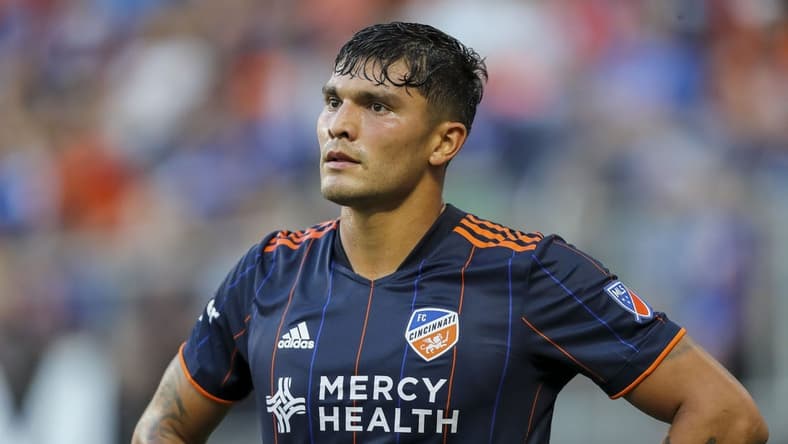 Jul 9, 2022; Cincinnati, Ohio, USA; FC Cincinnati forward Brandon Vazquez (19) stands on the field in the first half against the New York Red Bulls at TQL Stadium. Mandatory Credit: Katie Stratman-USA TODAY Sports