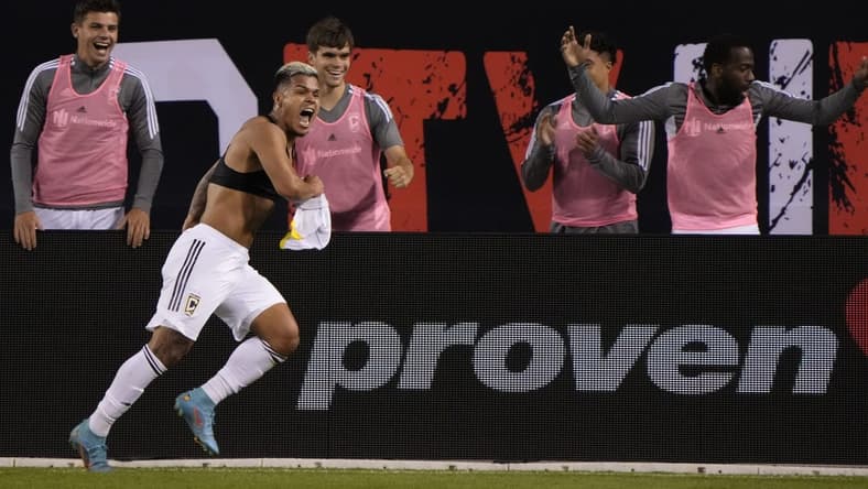 Jul 9, 2022; Chicago, Illinois, USA;  Columbus Crew forward Cucho Hernandez (9) reacts after scoring a goal against the Chicago Fire during the second half at Soldier Field. Mandatory Credit: Mike Dinovo-USA TODAY Sports