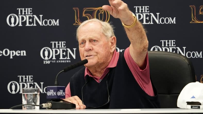 Jul 11, 2022; St. Andrews, SCT; Three-time Open champion Jack Nicklaus during a press conference at the 150th Open Championship golf tournament at St. Andrews Old Course. Jack Nicklaus will join Americans Bobby Jones in 1958 and Benjamin Franklin in 1759 to be awarded honorary citizenship in St. Andrews.Mandatory Credit: Rob Schumacher-USA TODAY Sports