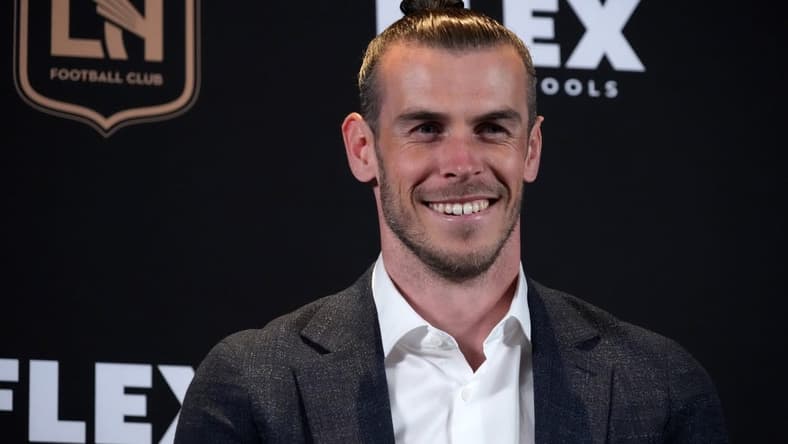 Jul 11, 2022; Los Angeles, CA, USA; LAFC forward Gareth Bale reacts during introductory press conference at Banc of California Stadium. Mandatory Credit: Kirby Lee-USA TODAY Sports