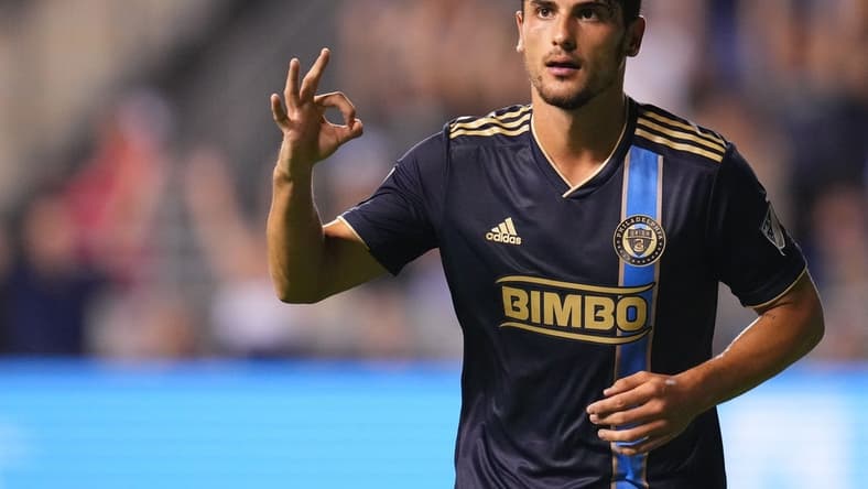 Jul 8, 2022; Chester, Pennsylvania, USA; Philadelphia Union forward Julian Carranza (9) reacts after scoring his third goal against D.C. United in the second half at Subaru Park. Mandatory Credit: Mitchell Leff-USA TODAY Sports