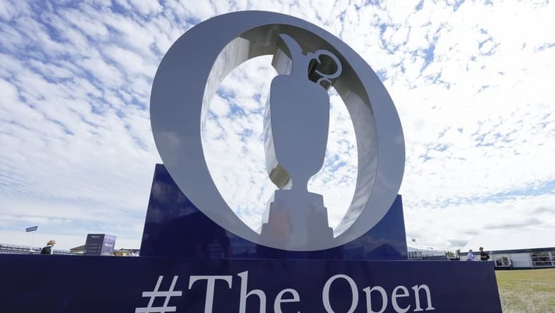 Jul 12, 2022; St. Andrews, Fife, SCT; An oversized logo during a practice round for the 150th Open Championship golf tournament at St. Andrews Old Course. Mandatory Credit: Michael Madrid-USA TODAY Sports