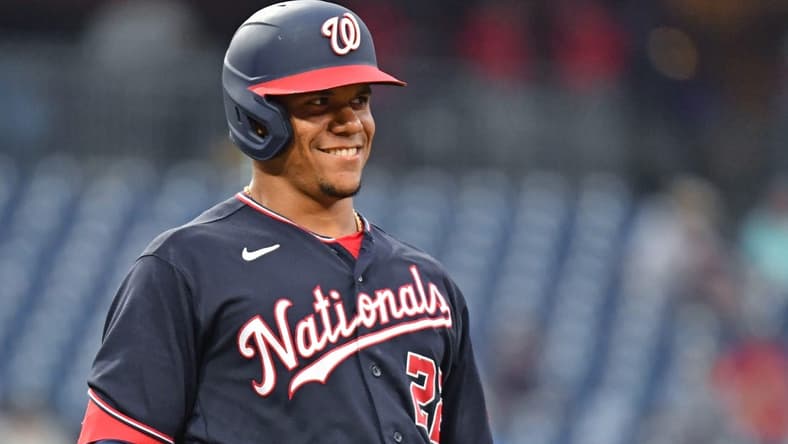 Jul 6, 2022; Philadelphia, Pennsylvania, USA; Washington Nationals right fielder Juan Soto (22) against the Philadelphia Phillies at Citizens Bank Park. Mandatory Credit: Eric Hartline-USA TODAY Sports
