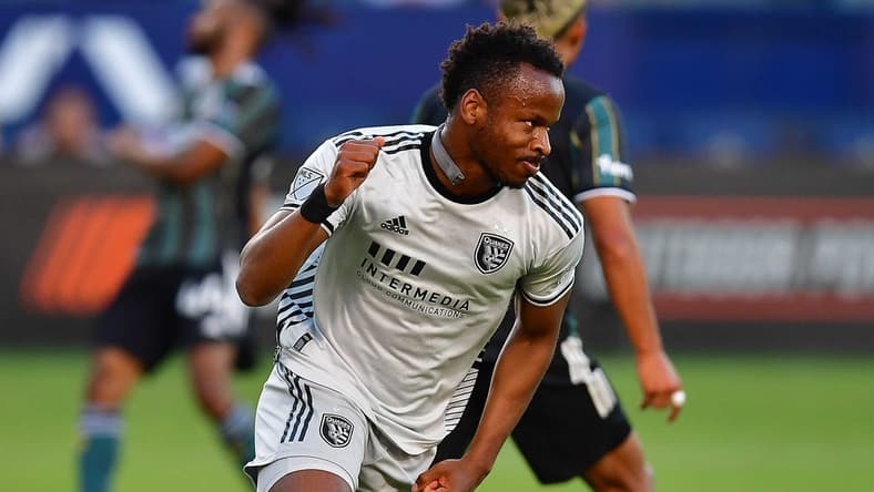 Jul 13, 2022; Carson, California, USA; San Jose Earthquakes forward Jeremy Ebobisse (11) celebrates his goal scored against the Los Angeles Galaxy during the first half at Dignity Health Sports Park. Mandatory Credit: Gary A. Vasquez-USA TODAY Sports