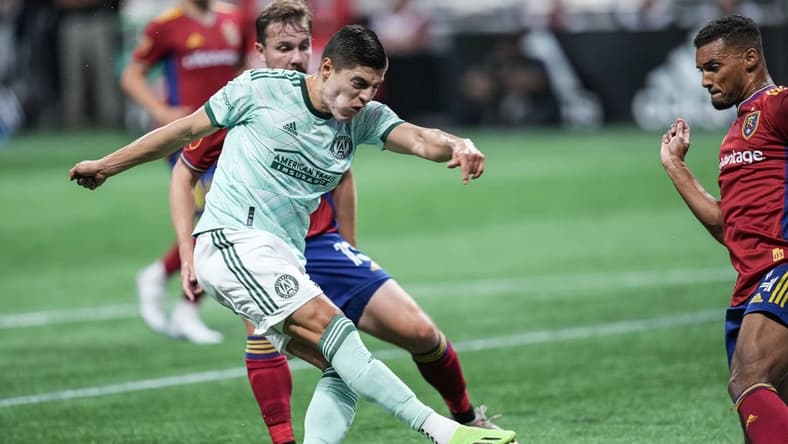 Jul 13, 2022; Atlanta, Georgia, USA; Atlanta United forward Ronaldo Cisneros (29) shoots against Real Salt Lake during the first half at Mercedes-Benz Stadium. Mandatory Credit: Dale Zanine-USA TODAY Sports