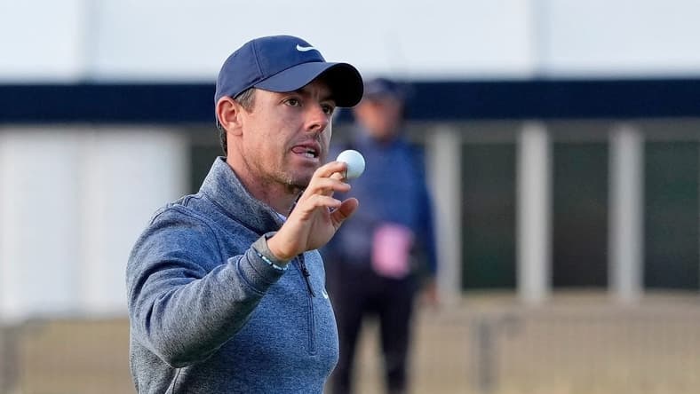 Jul 15, 2022; St. Andrews, SCT; Rory McIlroy reacts after a putt on the 17th green during the second round of the 150th Open Championship golf tournament at St. Andrews Old Course. Mandatory Credit: Michael Madrid-USA TODAY Sports
