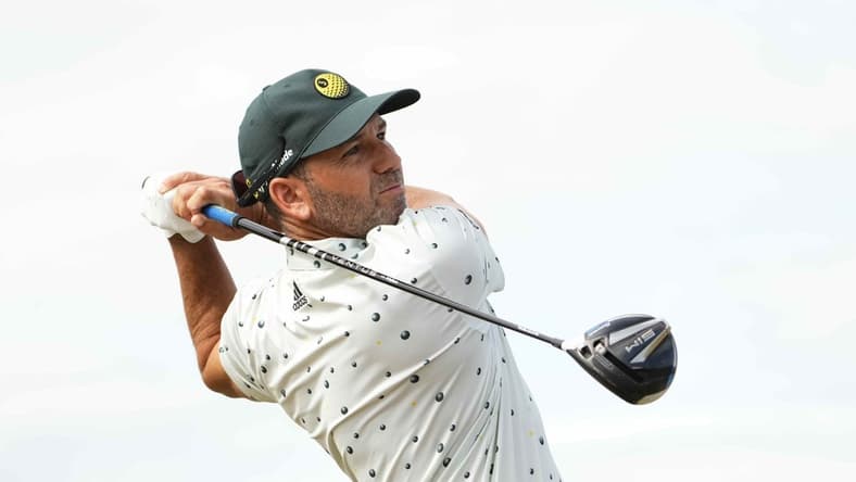 Jul 16, 2022; St. Andrews, SCT; Sergio Garcia hits his tee shot on the 14th hole during the third round of the 150th Open Championship golf tournament. Mandatory Credit: Rob Schumacher-USA TODAY Sports
