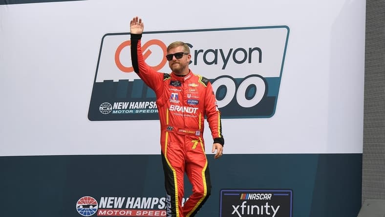 Jul 16, 2022; Loudon, New Hampshire, USA; NASCAR Xfinity Series driver Justin Allgaier (7) is introduced at the Crayon 200 at New Hampshire Motor Speedway. Mandatory Credit: Eric Canha-USA TODAY Sports
