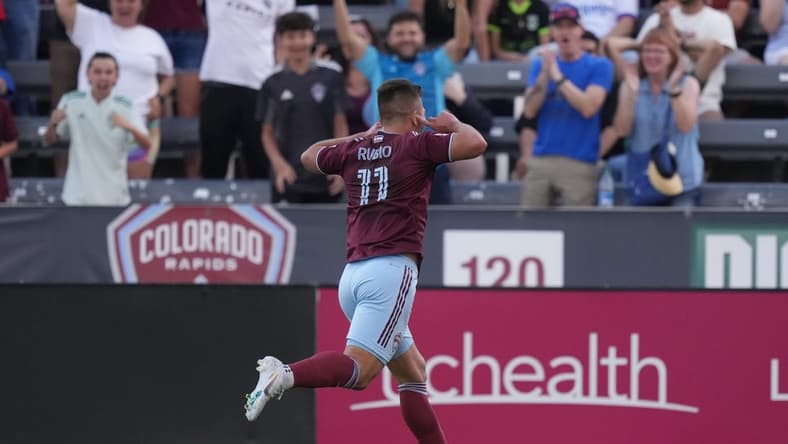 Jul 16, 2022; Commerce City, Colorado, USA; Colorado Rapids forward Diego Rubio (11) celebrates after scoring a goal against the Los Angeles Galaxy in the first half at Dick's Sporting Goods Park. Mandatory Credit: Ron Chenoy-USA TODAY Sports