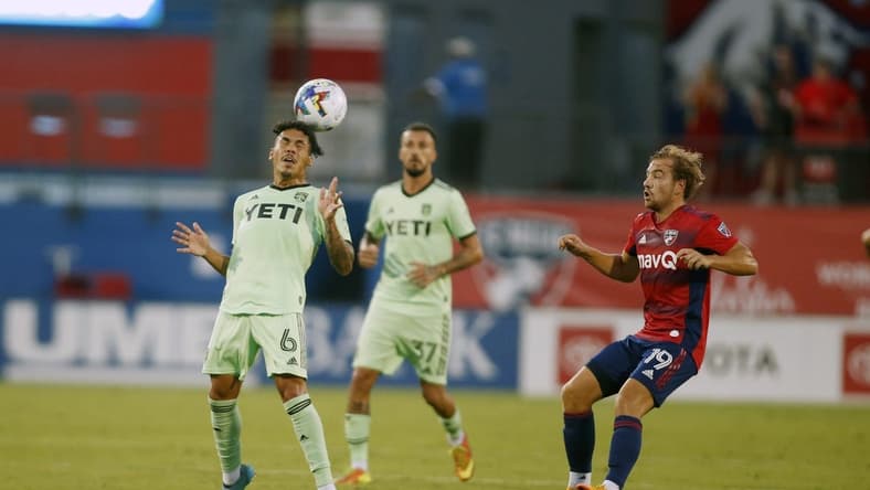 Jul 16, 2022; Frisco, Texas, USA; Austin FC midfielder Daniel Pereira (6) heads the ball against FC Dallas midfielder Paxton Pomykal (19) at Toyota Stadium. Mandatory Credit: Tim Heitman-USA TODAY Sports