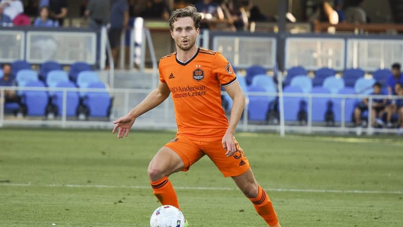 Jul 17, 2022; San Jose, California, USA; Houston Dynamo defender Adam Lundqvist (3) controls the ball against the San Jose Earthquakes during the first half at PayPal Park. Mandatory Credit: Kelley L Cox-USA TODAY Sports