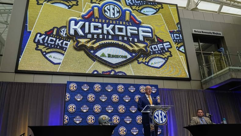 Jul 18, 2022; Atlanta, GA, USA; SEC commissioner Greg Sankey delivers comments to open SEC Media Days at the College Football Hall of Fame. Mandatory Credit: Dale Zanine-USA TODAY Sports