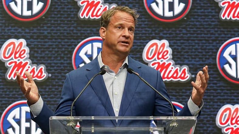 Jul 18, 2022; Atlanta, GA, USA; Mississippi head coach Lane Kiffin speaks to the media during SEC Media Days at the College Football Hall of Fame. Mandatory Credit: Dale Zanine-USA TODAY Sports