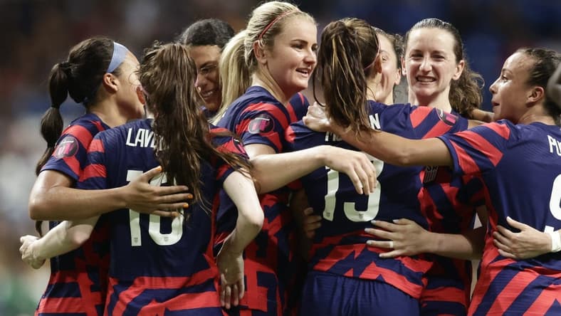 Jul 18, 2022; Monterrey, Nuevo Leon, MEX; United States celebrates forward Alex Morgan (13) penalty kick against Canada during the second half of the final match of the 2022 Concacaf W Championship soccer competition at University Stadium. Mandatory Credit: Erich Schlegel-USA TODAY Sports