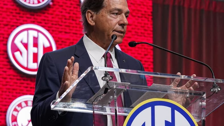 Jul 19, 2022; Atlanta, GA, USA; Alabama head coach Nick Saban talks to the media during SEC Media Days at the College Football Hall of Fame. Mandatory Credit: Dale Zanine-USA TODAY Sports