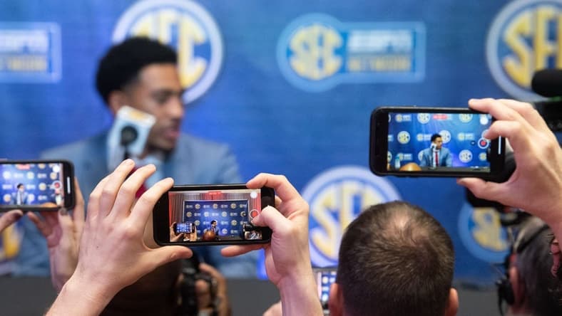 July 19, 2022; Atlanta,GA, USA; Alabama   s Heisman Trophy winning quarterback Bryce Young talks to the media during SEC Media Days at the College Football Hall of Fame in Atlanta Tuesday, July 19, 2022. Gary Cosby Jr.-The Tuscaloosa News

Alabama At Sec Media Days