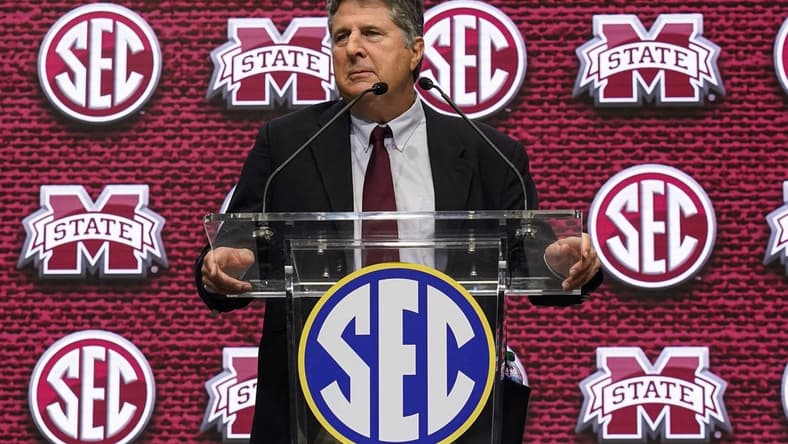 Jul 19, 2022; Atlanta, GA, USA; Mississippi State head coach Mike Leach shown on the stage during SEC Media Days at the College Football Hall of Fame. Mandatory Credit: Dale Zanine-USA TODAY Sports