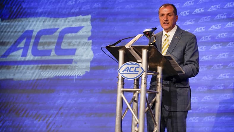 Jul 20, 2022; Charlotte, NC, USA; ACC commissioner Jim Phillips speaks to the media during ACC Media Days at the Westin Hotel in Charlotte.   Mandatory Credit: Jim Dedmon-USA TODAY Sports