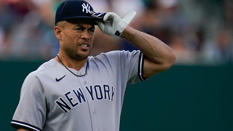 Jul 22, 2022; Baltimore, Maryland, USA;  New York Yankees designated hitter Giancarlo Stanton (27) before the game against the Baltimore Orioles at Oriole Park at Camden Yards. Mandatory Credit: Tommy Gilligan-USA TODAY Sports
