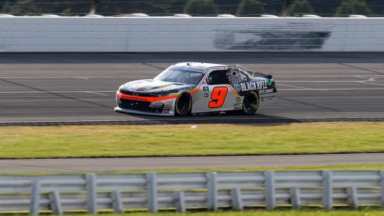 Jul 23, 2022; Long Pond, Pennsylvania, USA; NASCAR Xfinity Series driver Noah Gragson (9) races during the Explore the Pocono Mountains 225 at Pocono Raceway. Mandatory Credit: Matthew OHaren-USA TODAY Sports